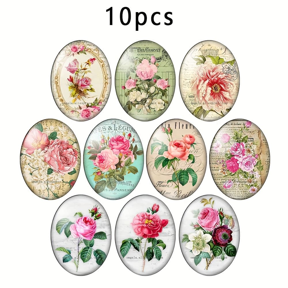TEMU 2d Flat - 10pcs 18x25mm Flowers Art Paintings Oval Photo Glass Cabochon Demo Flat Back Making Findings, Ideal Additions For Necklace, Keychain, Jewelry Making