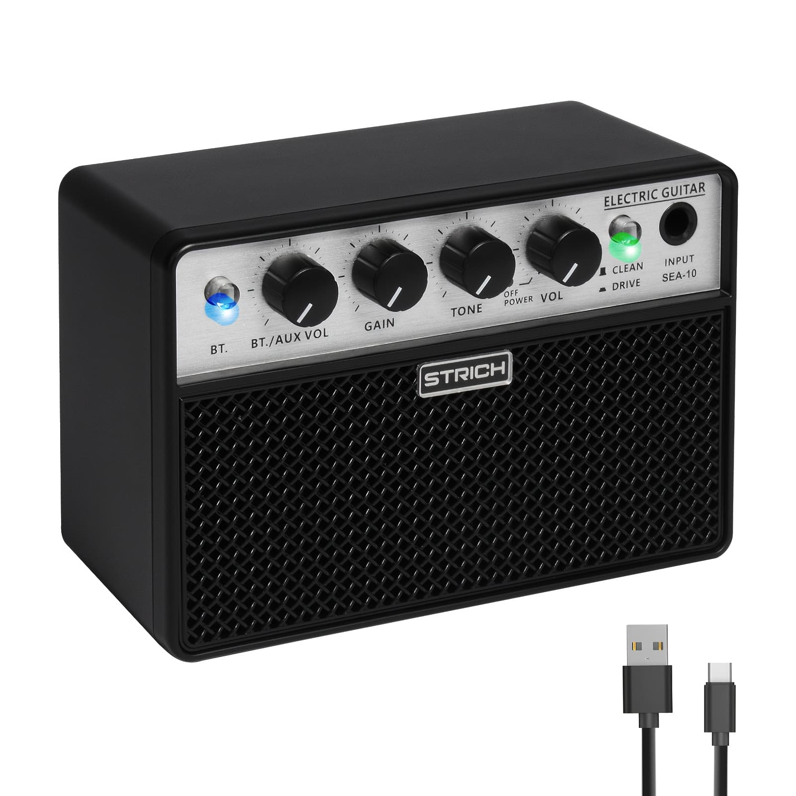 TEMU Strich Mini Electric Guitar Amplifier, Portable Amplifier With Clean/drive Dual Channel, 3.5mm Headphone/aux Input, Withe Usd Charging Cable, For Indoor Practice And Small Gigs