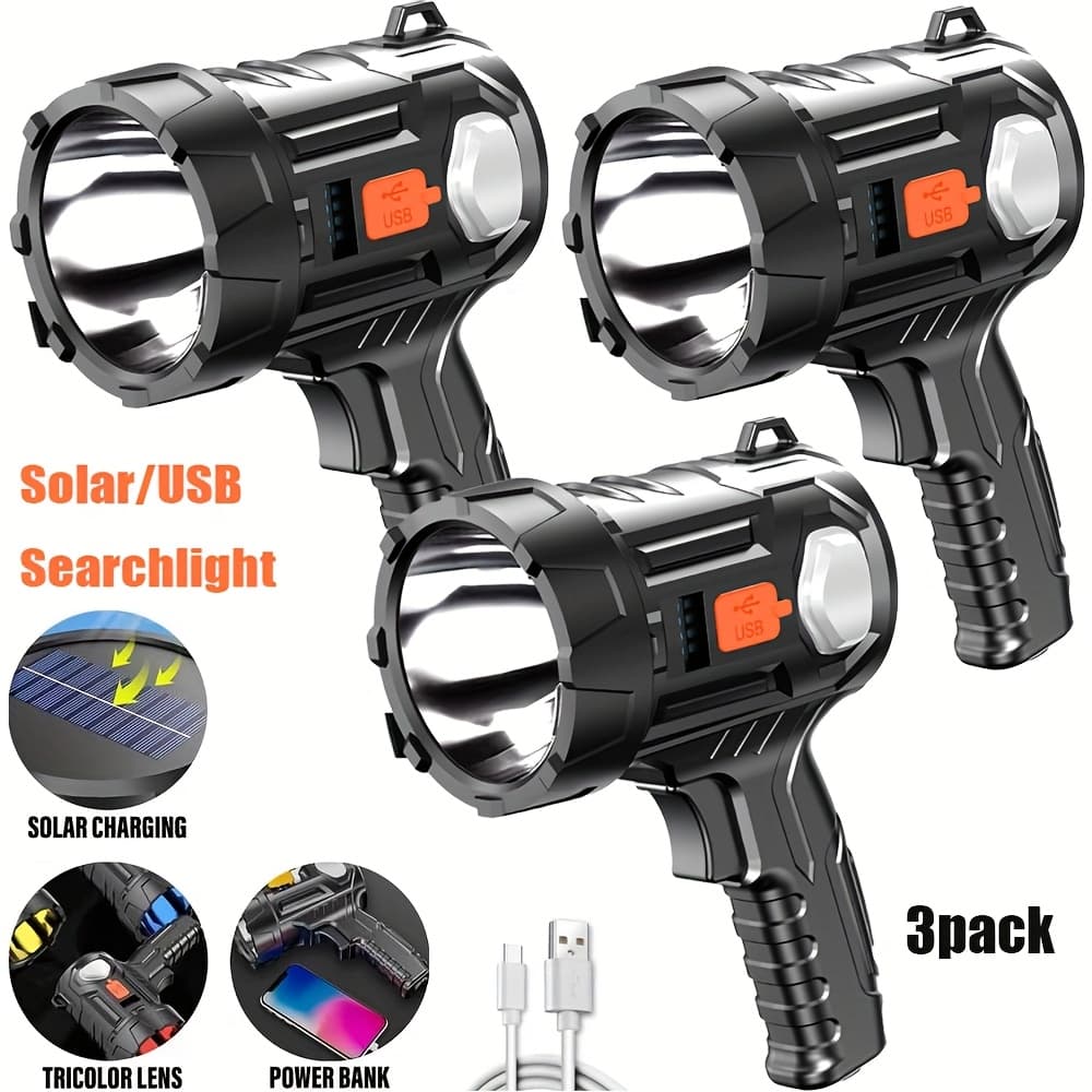 TEMU 3pcs Rechargeable Spotlight Flashlight, With 3 Color Filters, 6 Lighting , Handheld Led Torch With Usb Cable, Ideal For Boating, Hunting, Camping, Home Lighting, Without Battery