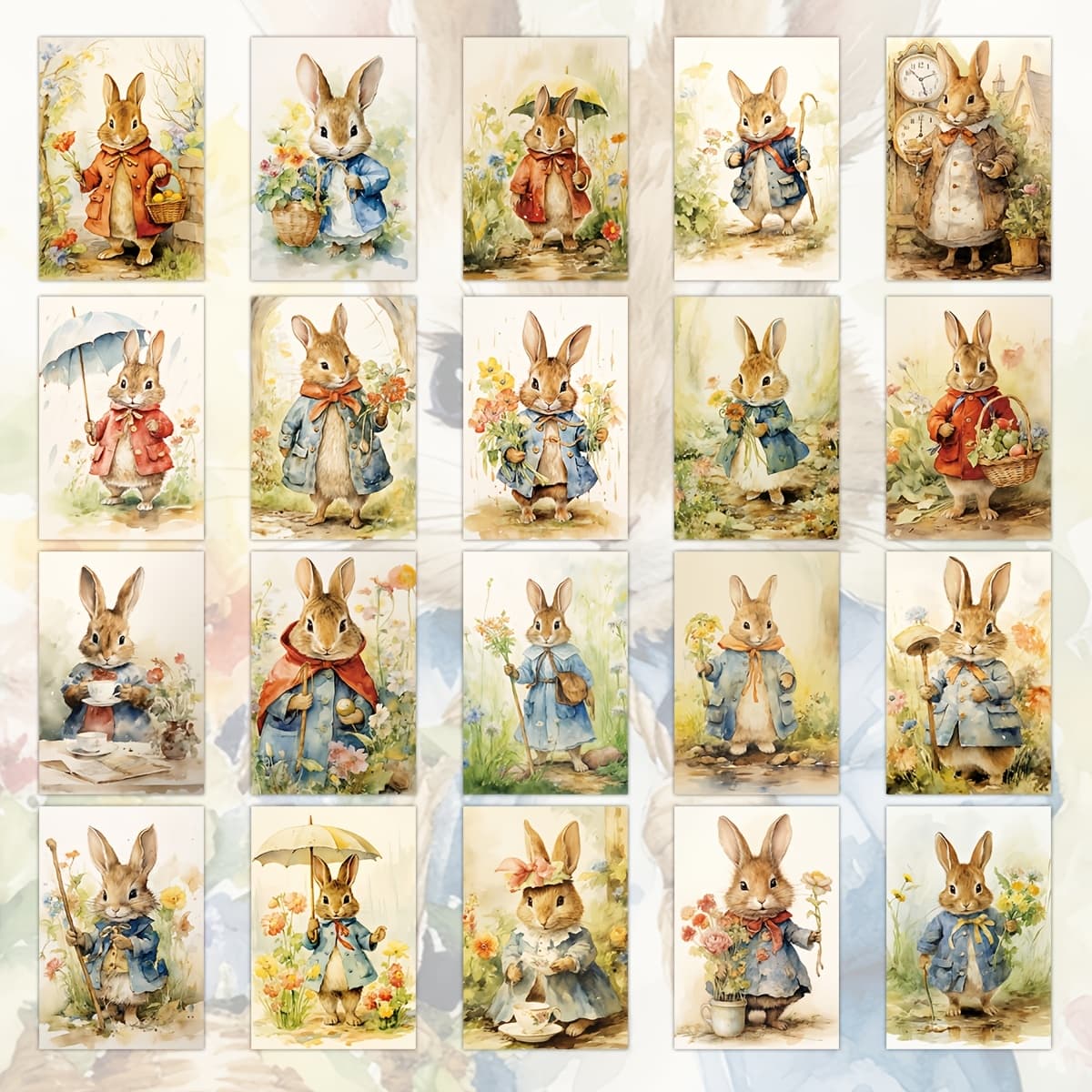 TEMU 20pcs Vintage Watercolor Cottagecore Bunny Postcards - Easter Rabbit Art Cards With Retro Floral & Natural Themes, Perfect For Easter Gift, Spring Party Favors, Scrapbooking, Wall Decor
