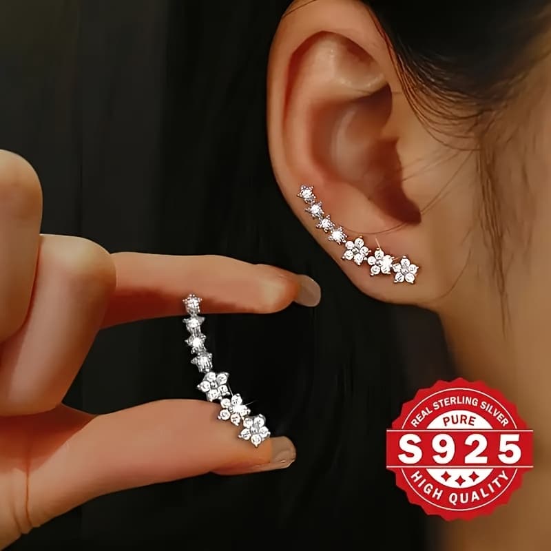 TEMU 925 Sterling Silvery Climber Earrings With Synthetic Synthetic Zirconia, Elegant And Cute, Suitable For Daily Wear, Music Festivals, And Christmas