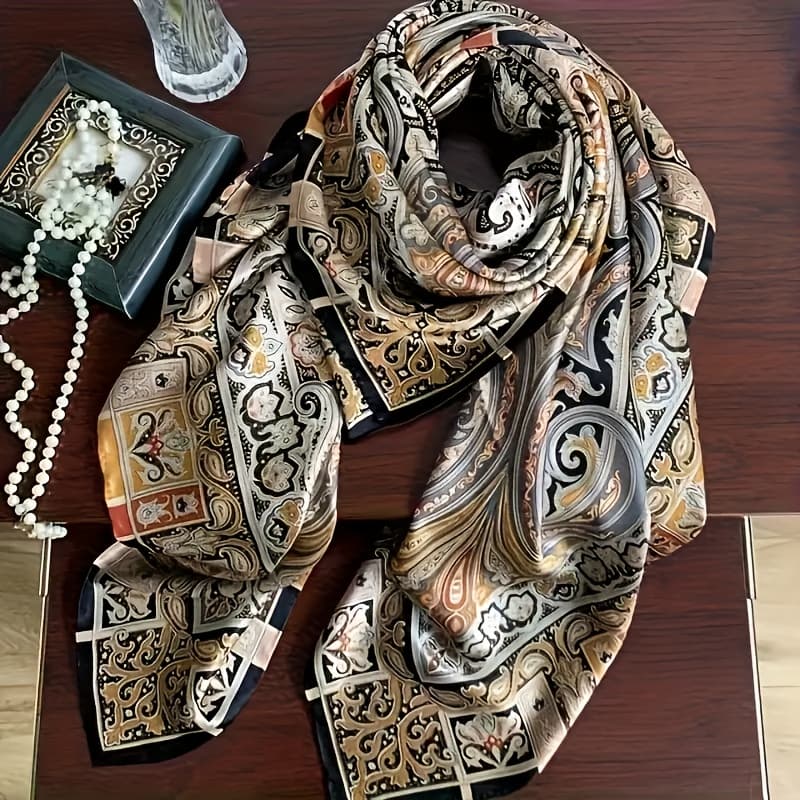 TEMU Elegant Women's Lightweight Paisley Scarf - 100% Polyester, Breathable With Stretch For A , With Golden-brown Accents, Hand Wash/, Suitable For Casual And Formal Attire, As A Headscarf