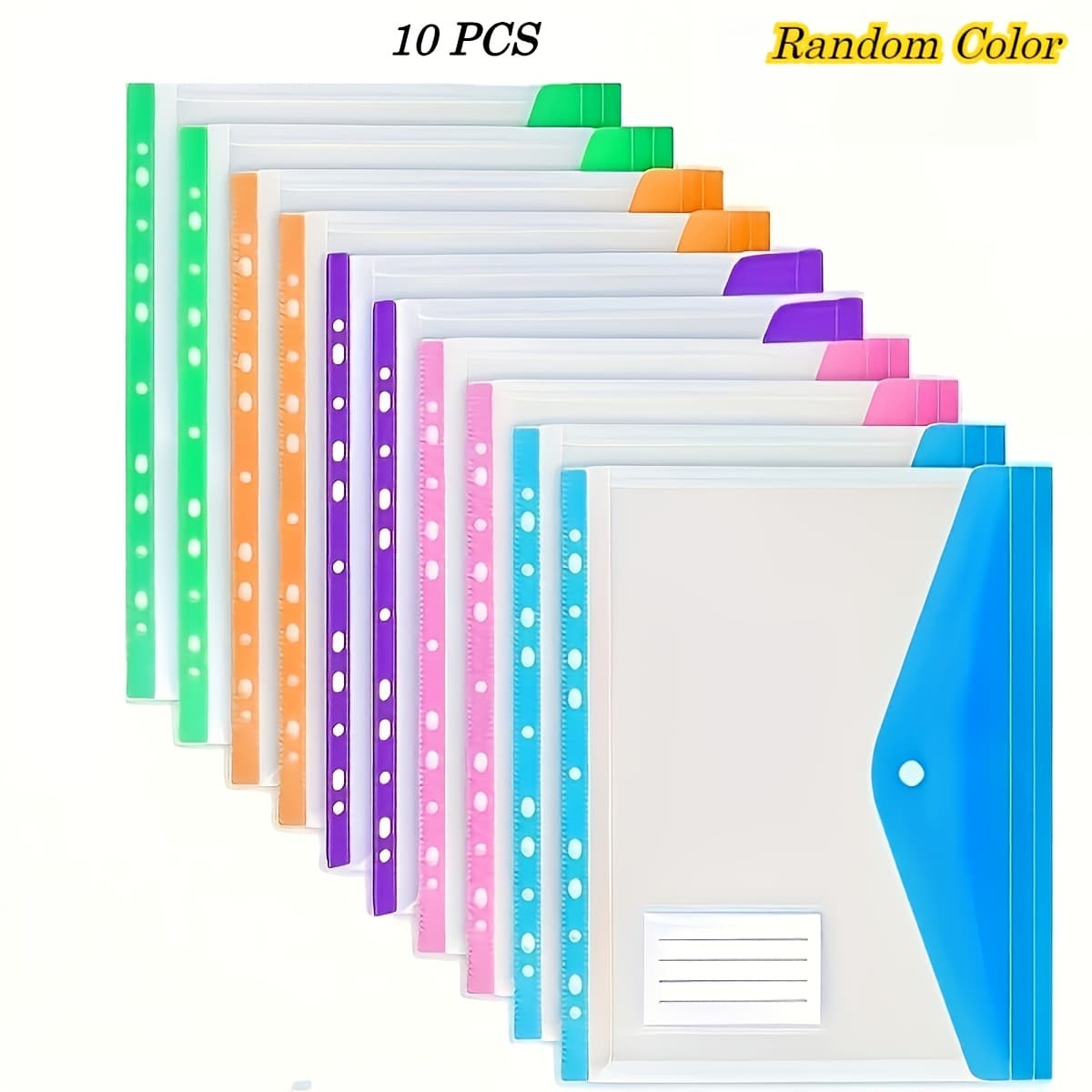TEMU 5/10pcs A4 High Capacity 11-hole Loose Leaf File Bags, Pp Material Binder Pockets With Expandable Button And Label Pocket, Random Color Portable Document Folders For School Office Attendance Use
