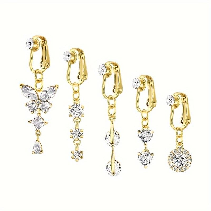 TEMU 5pcs Fake Belly Button Ring Clip On Belly Button Rings For Women Cz Dangle Belly Button Rings Heart Style Belly Rings Non Piercing Jewelry Golden
