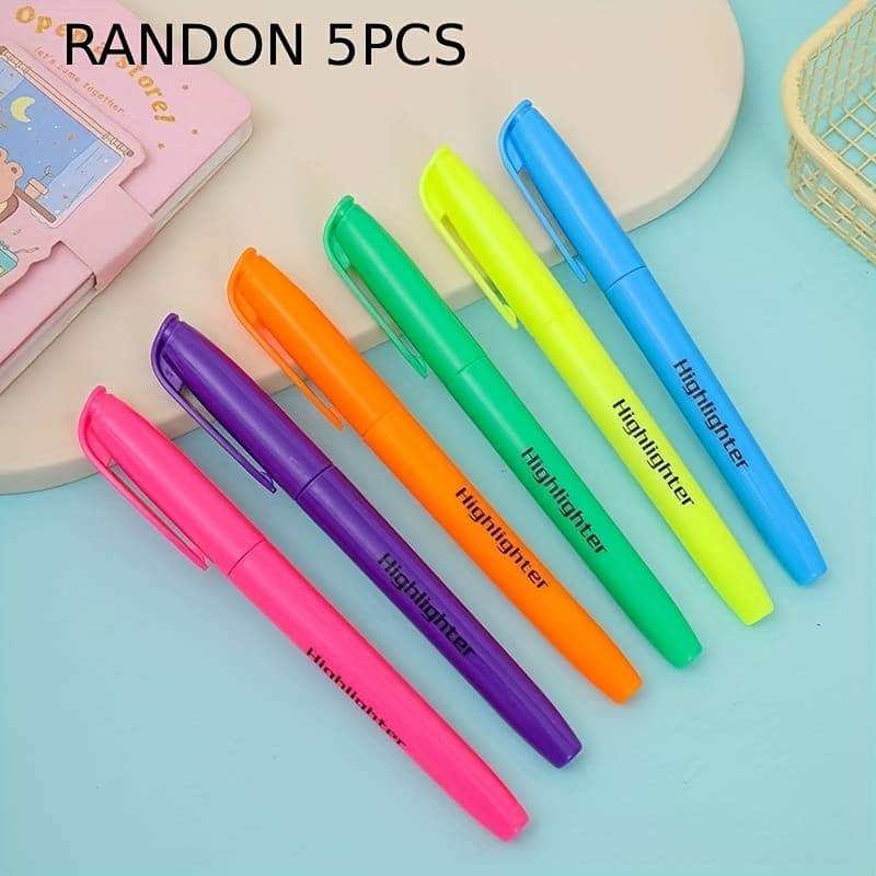 TEMU 5pcs Neon Highlighters, Soft Tapered Tips, Non-toxic, Suitable For Office, School, And Home Use - Ideal Study Supplies And Back-to-school Essentials