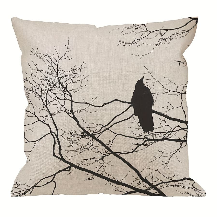 TEMU 1pc, Linen Modern Cushion Pillowcase Gothic Crow Pillowcase On A Tree Branch Sofabed Outdoor Pillowcase Black And White (bird) 16x16, 18x18, 20x20 (no Pillow Core.)