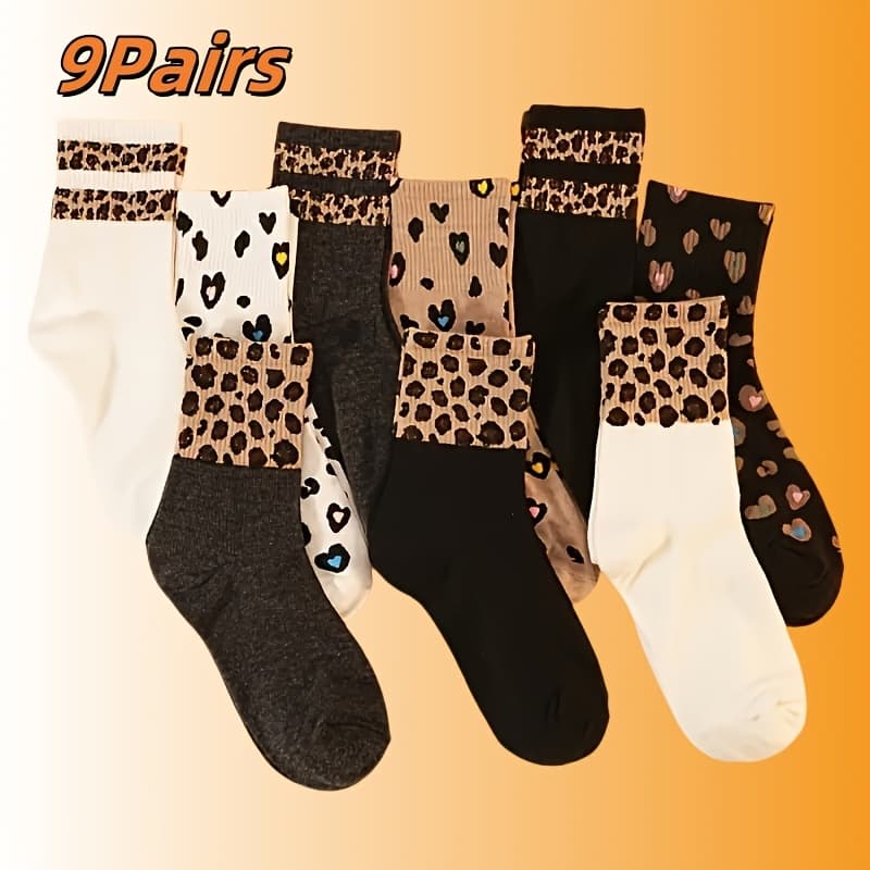 TEMU 3/6/9 Pairs, Print Leopard Heart Mid-calf Socks, Fashionable And Comfortable Trendy Women's Mid-calf Socks