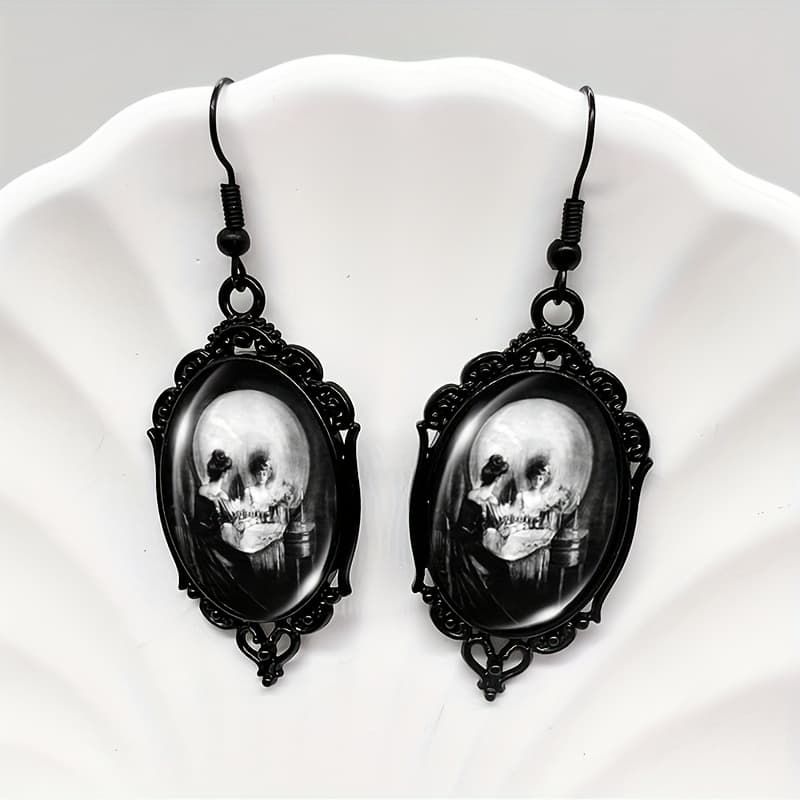 TEMU Funky Black Lace Skull Illusion Glass Drop Earrings - Fashion Statement Jewelry, Alloy & Iron