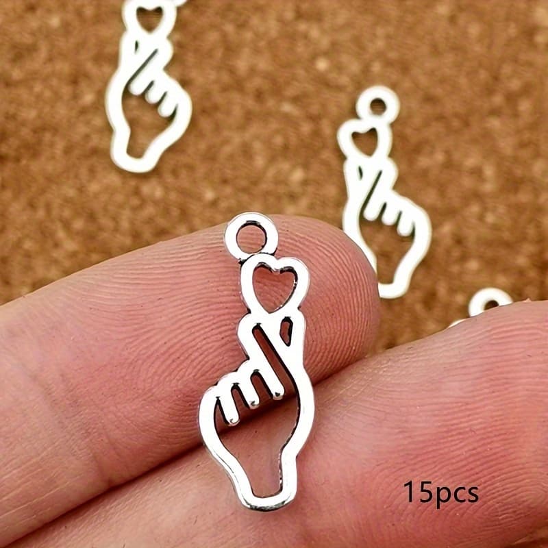 TEMU 15/30pcs Of Hollow Love You Heart Gesture Pendant Vintage Silvery Bohemian Style Women's Fashion Pendant Diy Handmade Earrings Bracelet Necklace Accessories Handmade Jewelry Accessories