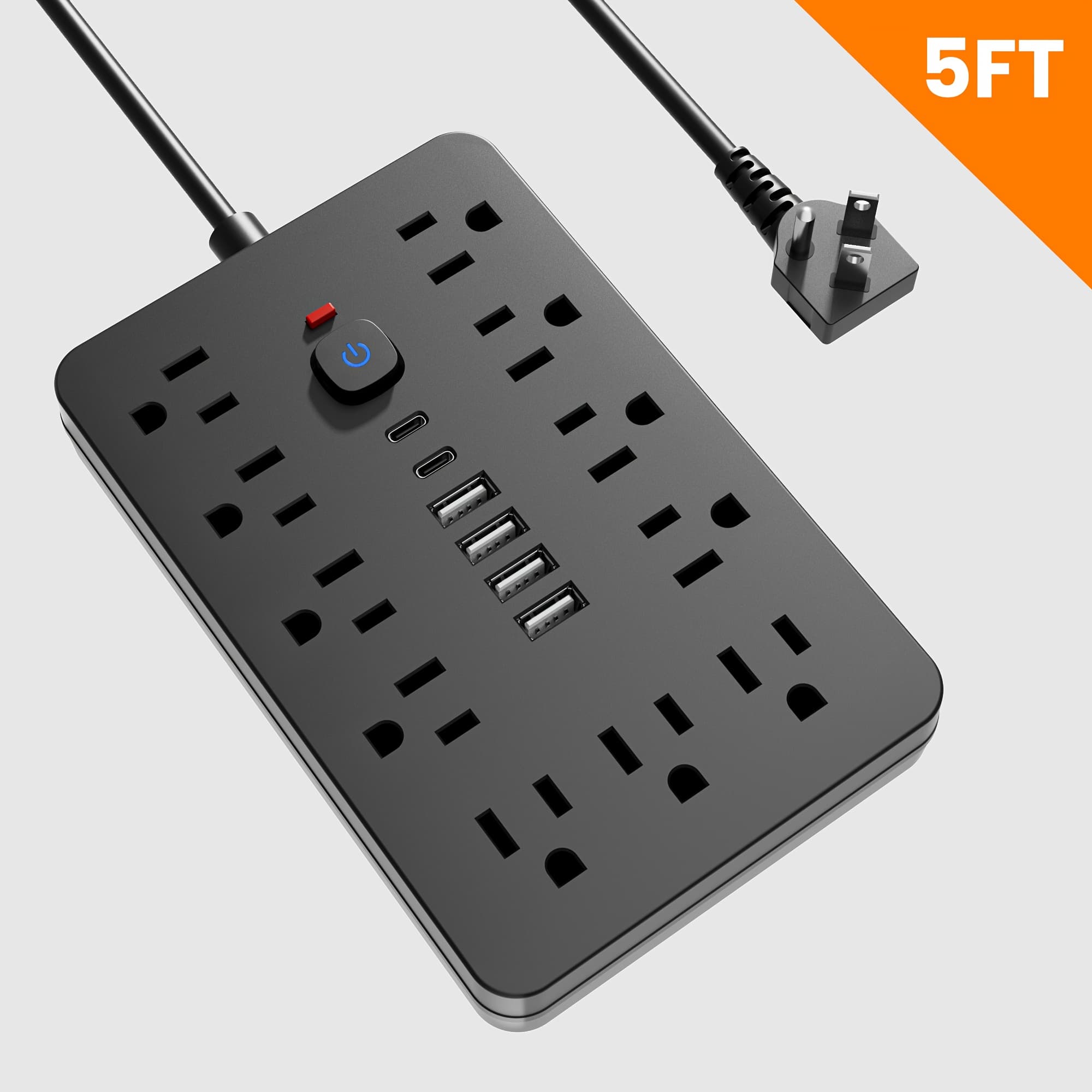 TEMU 17-in-1 Flat Plug Power Strip Protector With 11 Spacious Ac Outlets And 6 Usb Ports (including 2 Type-c) With Protection
