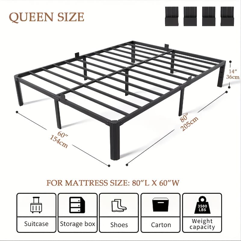 TEMU 14-inch Metal Bed, Twin/full/queen/king Size, Upgraded Thickened Fan-shaped Round Leg Design, With 4 Mattress , Large Storage Space Below For Easy Assembly, Black