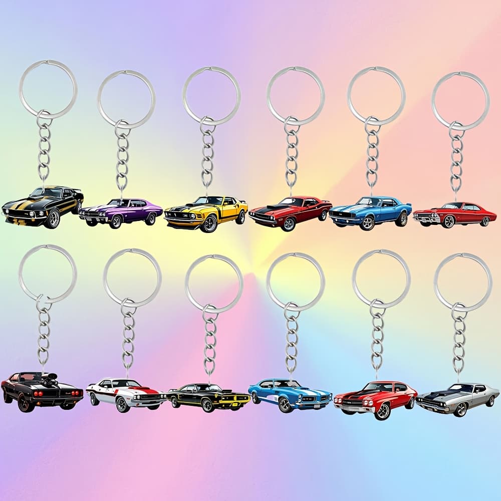 TEMU Gift For Her/him 12pcs Retro Cartoon Car Keychains, Acrylic Keyring With Metal Chain, Keychain For Men And Women
