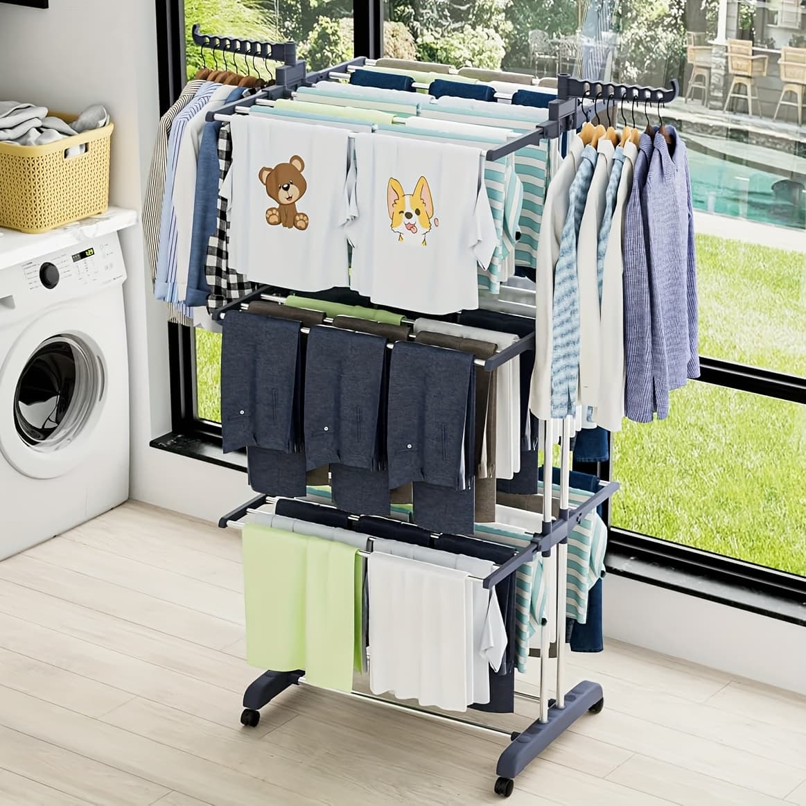 TEMU 4-tier Foldable Drying Rack With Wheels - Heavy Duty , Locking Wheels & Anti-tip Design, Space Saving Collapsible Laundry Rack For Apartments, Balcony, Dorm Rooms, Drying Racks