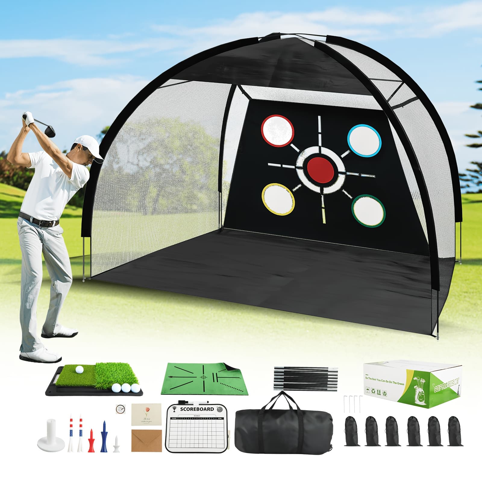 TEMU Golf Net, 10x7ft Practice Net Kit With 2-in-1 Replaceable Non-slip Turf Mat, Golf Driving Nets For Backyard, Chipping Swing Training For Golfer Indoor/outdoor