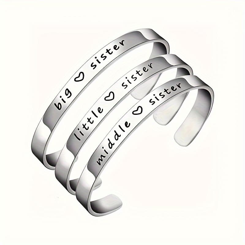 TEMU 3pcs 6mm Stainless Steel Cuff Bangle Adjustbale Bracelet Handmade Shape Laser Engraving Big Middle Little Sister Christmas Gift For Sisters Jewelry Set