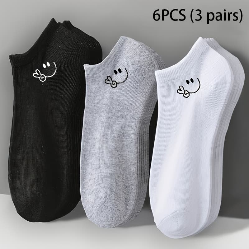 TEMU 6pcs/(3pairs) Easy Smiling Women's Ankle Socks, Comfortable And Breathable Neutral Ankle Socks, Classic Solid Colors, Black, White, And Gray, Suitable For Casual Wear, All