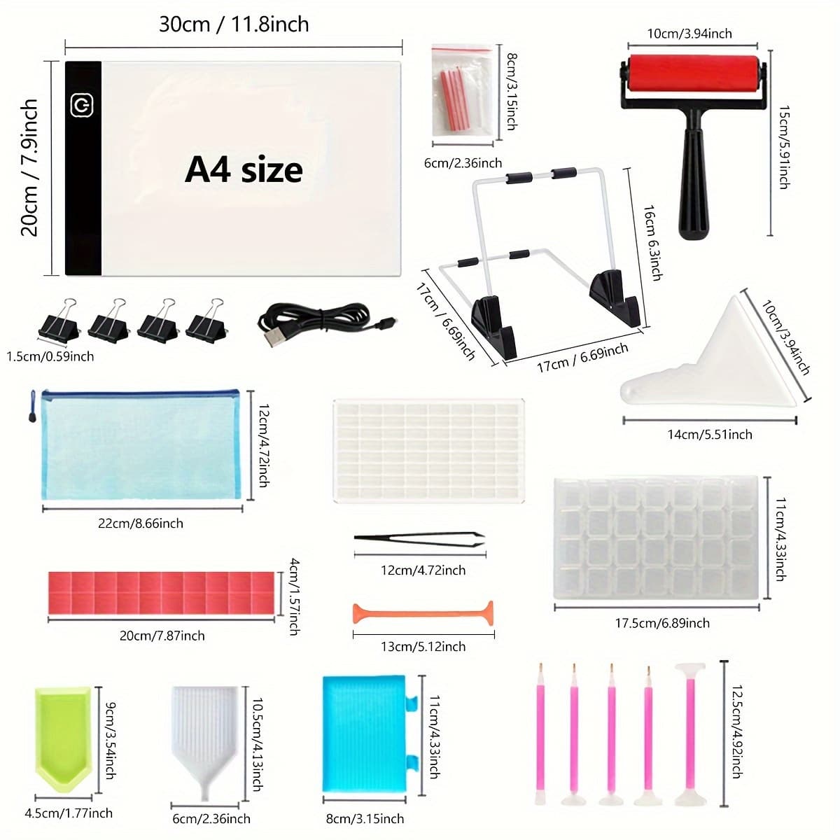 TEMU Complete Set Of 145pcs For A3 And A4 Led Diamond Painting, Featuring Adjustable Brightness And All Necessary Tools, Including A Plastic Light Box And Additions For Crafting