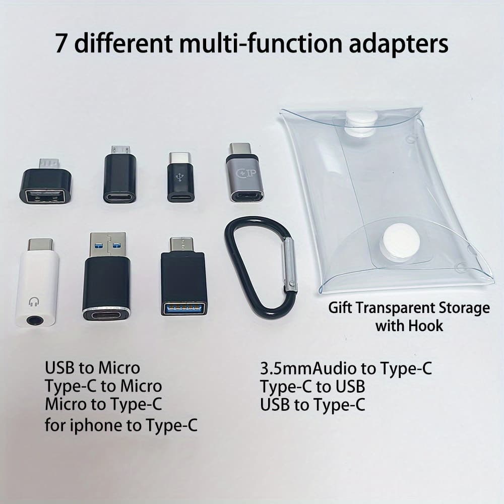 TEMU 7-pack Usb Adapters | Compatible With Type-c, Usb, Micro, 3.5mm Audio | Male To Female, For Laptops, Pc, Car & More | Includes Transparent Storage Bag With Hook