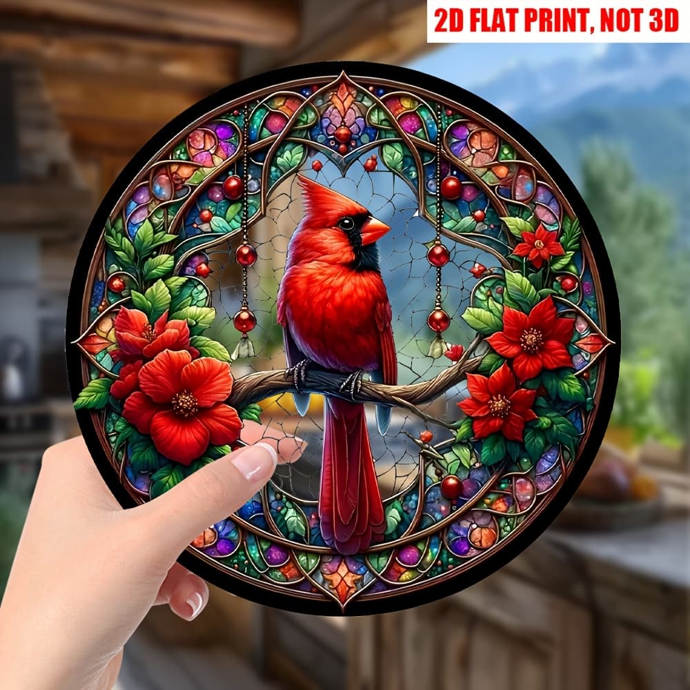 TEMU 2d Flat, Red Bird Poinsettia Suncatcher, Bird Dye Acrylic Window Hanging, Acrylic Round Sign Hanging Ornament, Garland Decor, Holiday Gift Window Porch Wall Home Decor