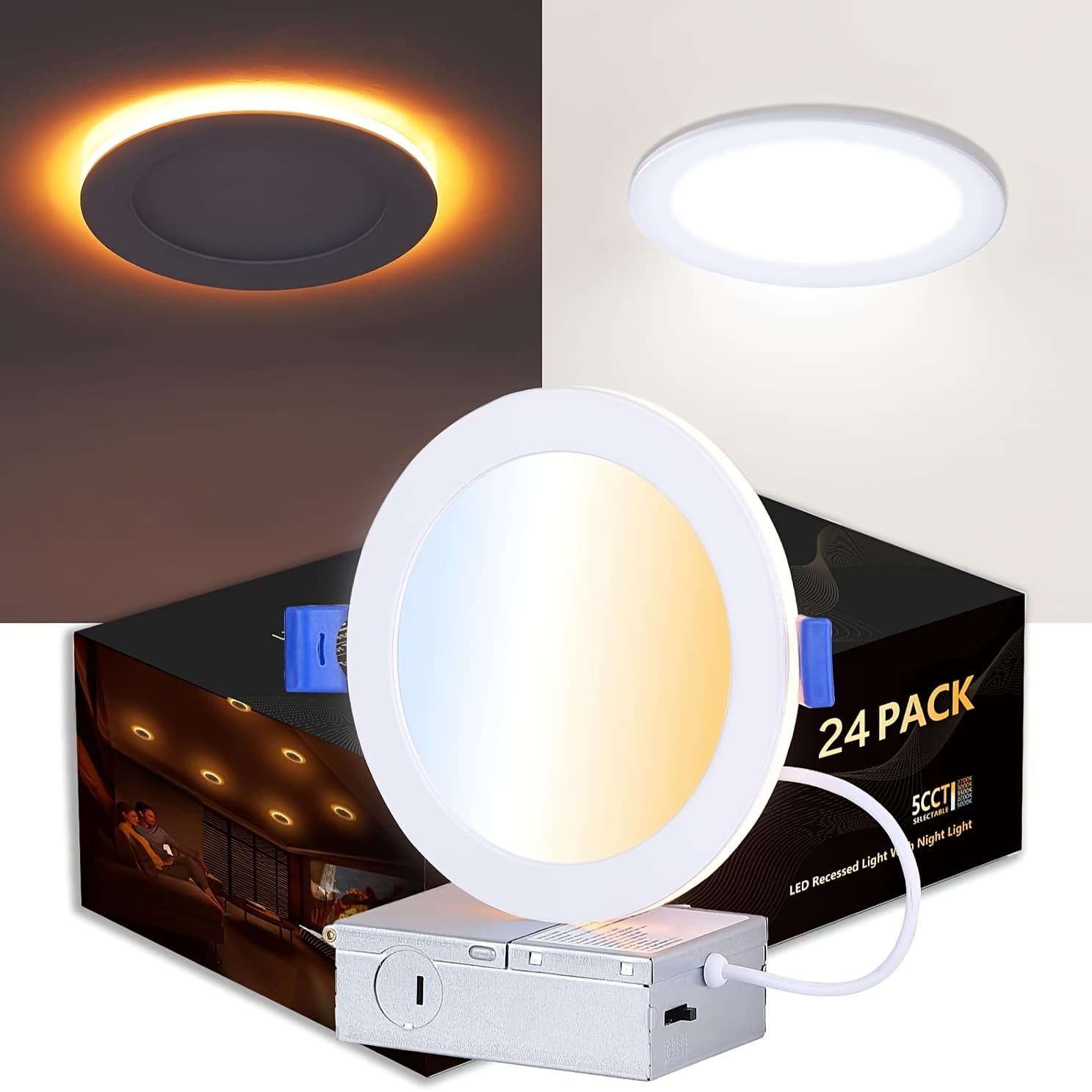 TEMU 24/6 Pack 6 Inch Led Recessed Lighting With Night Light, 2700k/ 3000k/ 3500k/ 4000k/ 5000k Selectable Ultra-thin Led Recessed Ceiling Lights, 1050lm, Dimmable Canless Wafer Downlight