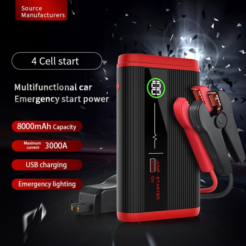 TEMU 12v Portable Lithium Jump Starter, 3000a Jump Pack With 8000mah Storage Battery, Usb-c Storage Battery Charger For 6.0 Liter And 8.0 Liter Gasoline Engines, Round Led Display