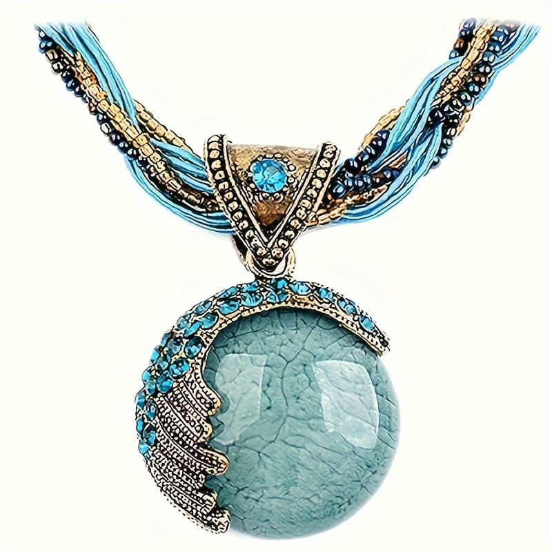 TEMU Women Lady Retro Vintage Bohemian Style Twist Woven Rope Chain Turquoise Pendant Collar Necklace Fashion Jewelry