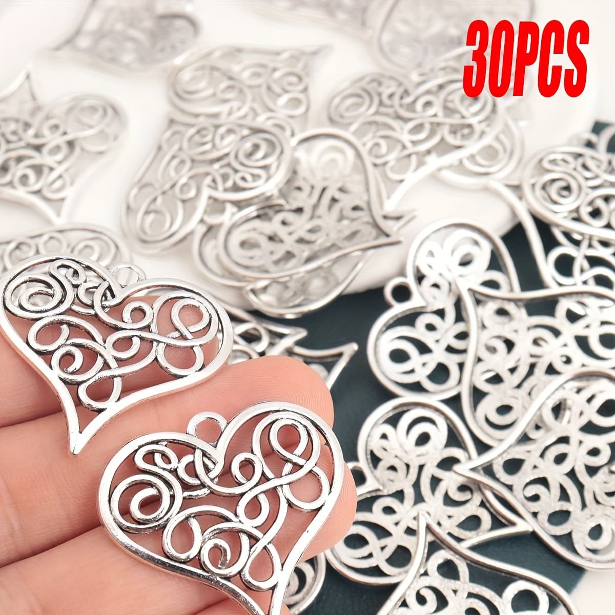 TEMU 30pcs Alloy Material 3.31*3.15cm Exquisite Pattern Heart-shaped Pendants, Valentine's Day Gift For Jewelry Diy Decoration