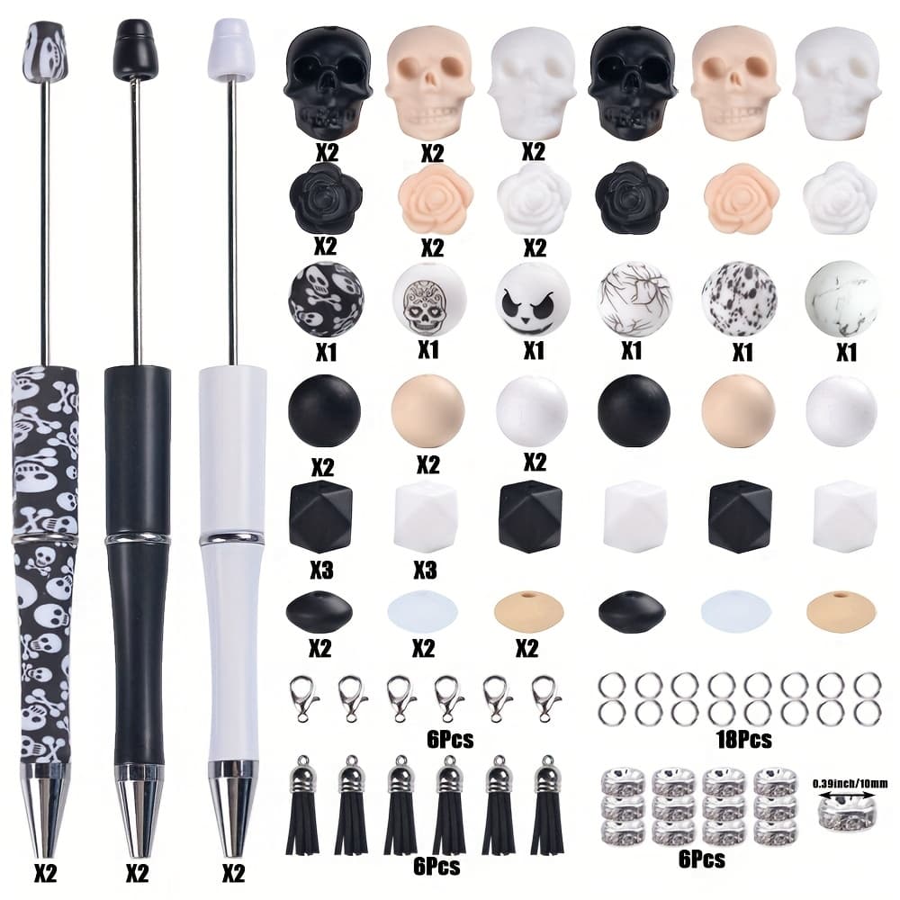 TEMU 6 Sets Of Bead Pens Set, Including Black And White Bead Tassel Buckles And Dwarf Decorative Bead Pens. Student School Diy Round Bead Pen Making Set Is Perfect As A Gift For Halloween