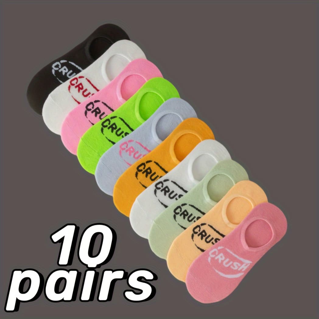 TEMU 10-pair Women's No-show Socks, Dopamine , Summer Thin Letter "crush" Liner Socks