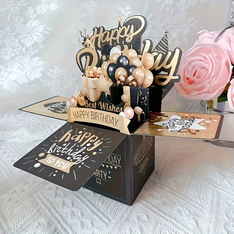 TEMU Festive 3d Pop-up Birthday Card Set: Black And , Him Or Her - Includes 2 Cards And 1 Envelope