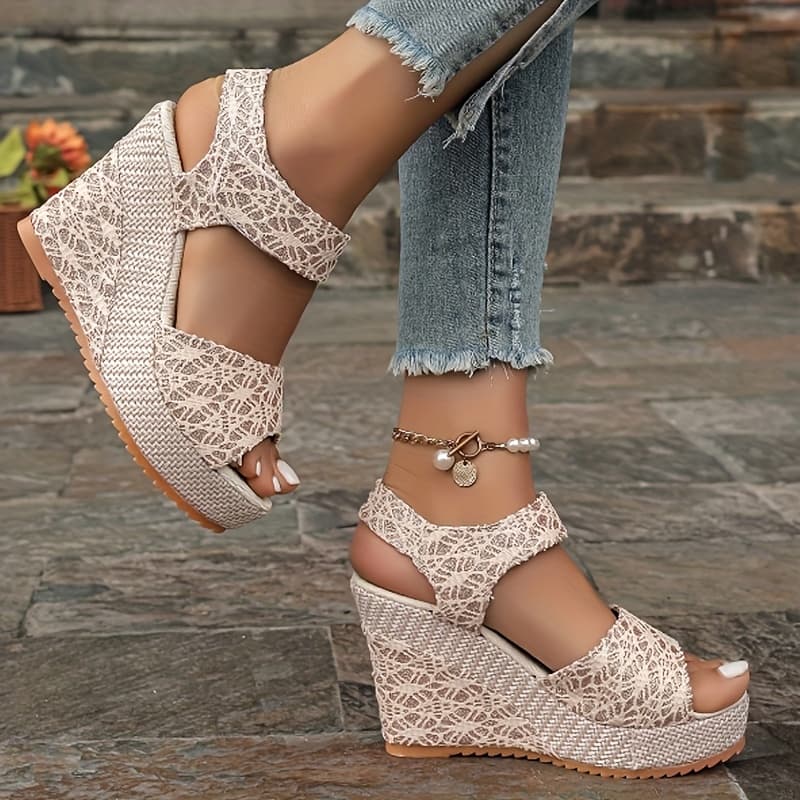 TEMU Boho Lace Wedge Sandals For Women 10cm High Heel Platform Espadrilles Breathable Crochet Hollow Out Ankle Strap Summer Shoes For Beach Vacation Holiday Wear Trendy Platform Sandals, Women Shoes
