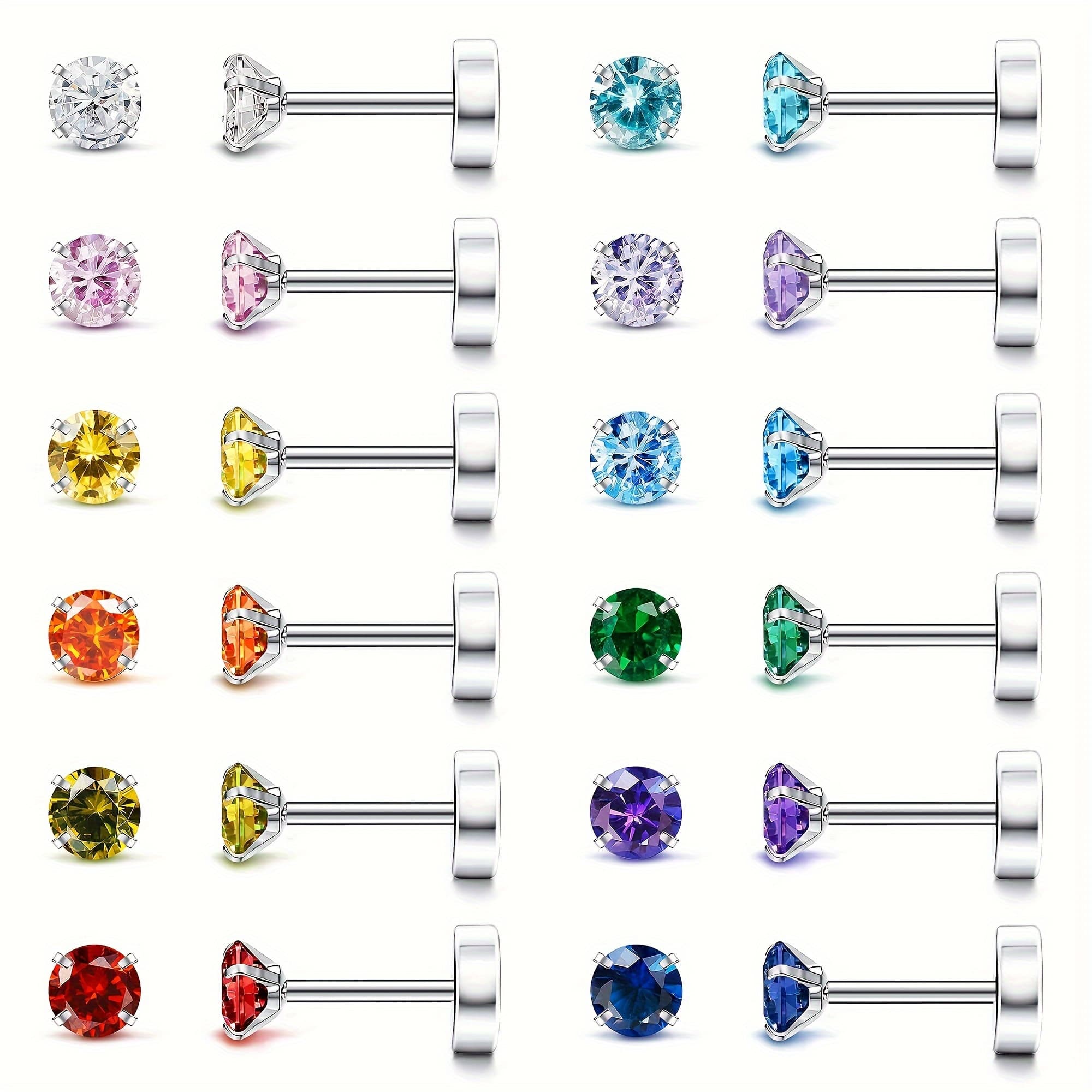 TEMU 2d Flat, 12 Pairs 20g Stainless Steel Cubic Synthetic Zirconia Stud Earrings Set - Screw Back/flat Back Locking Ear Studs, Round Cz For , Casual Attire, Gifts, Bulk (no Plating Required)