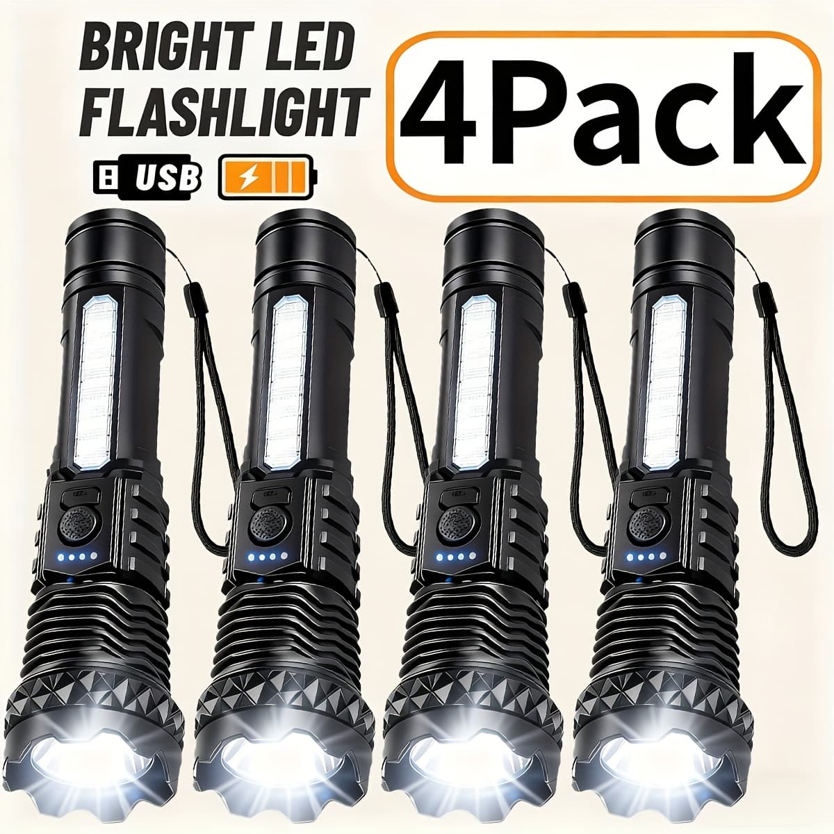 TEMU 4/8-pack Rechargeable Led Flashlights, High , 6 , Clip, Usb Powered, Rechargeable Flashlight For Emergency Power Outage, For Outdoor Camping, Hurricane, Includes Charging Cable For Camping Hiking