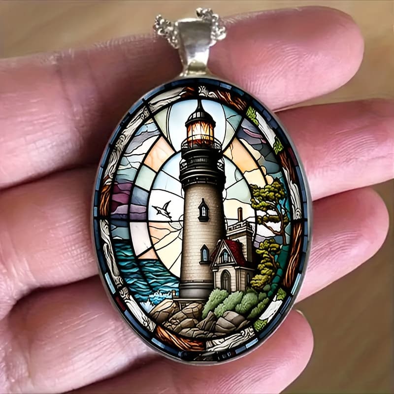 TEMU 1pc Fashion Elegant Lighthouse Pattern Oval Alloy Glass Pendant Chain Necklace