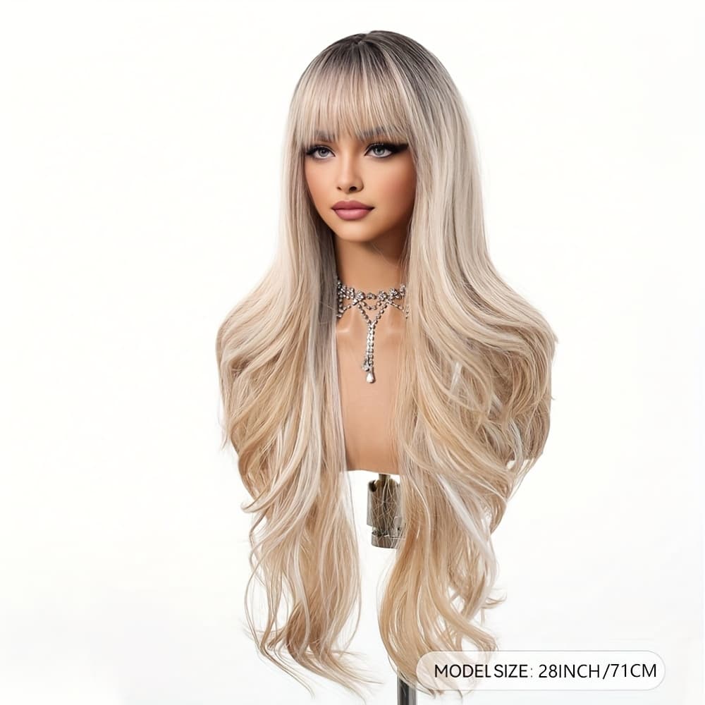 TEMU Long Curly Wave Wig For Women Golden Mixed Blonde Wig With Bangs, Soft Synthetic Hair, Women's Cosplay And Daily Wear Wig For And Music Festivals,