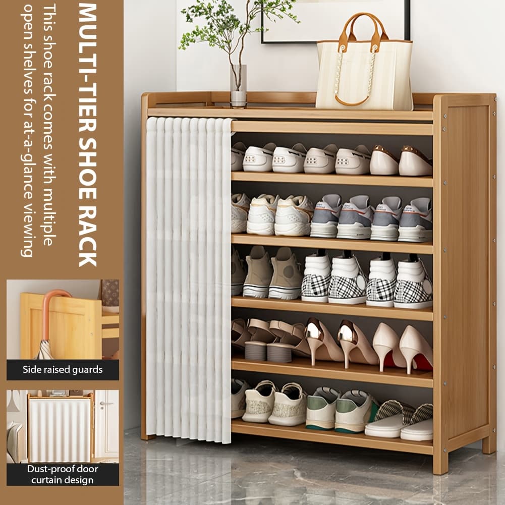 TEMU 6 Tier Space Saving Bamboo Shoe Rack - Multi-tier, Freestanding Storage Rack For Dorm Rooms And , Shoe Rack For Front Entry, Foyer, Living Room, Bedroom, Garage, Easy To Assemble, Brown