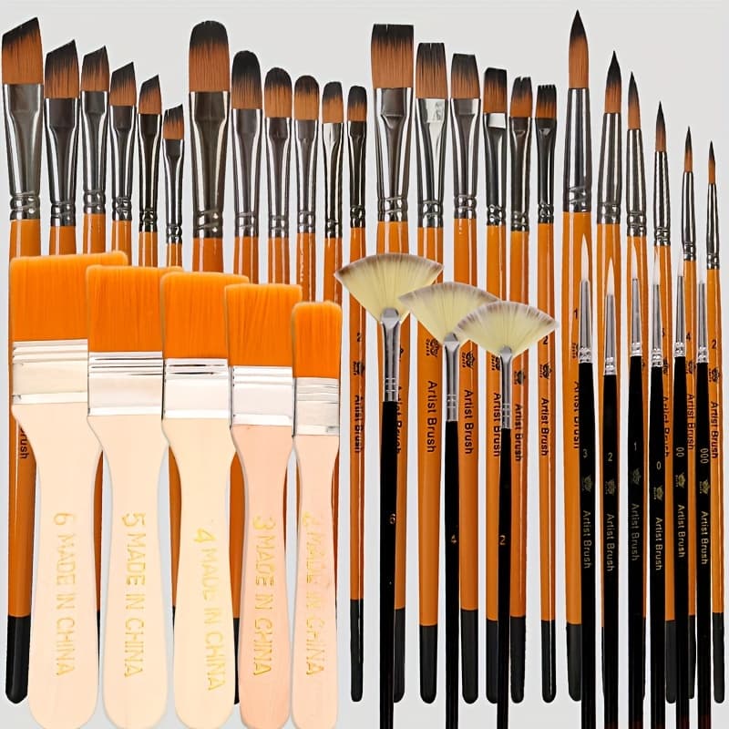 TEMU 38pcs Paint Brush, , Nylon Bristles With Round, , Flat, Fan, Angle, Fine Detail Brush, Suitable For Artists And Beginners For Acrylic Painting, Oil, Watercolor