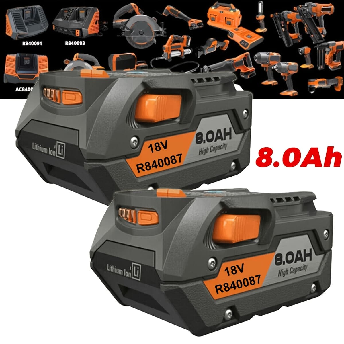 TEMU 2pcs 8.0ah R840087 Replacement For 18v Lithium Battery R840087 R840083 R840086 R840085 R840084 Ac840085 Ac840086 Ac840087p Ac840089 Power Tool Battery
