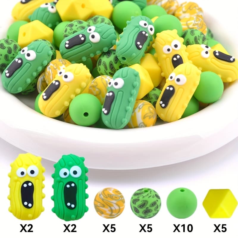 TEMU 29pcs Efrey Silicone Pickle Focus Beads - Green, Yellow, And Orange With , Perfect For Diy Crafts And Decorative Accessories, Diy Craft Beads | Design | Silicone Material, Pickle Decor