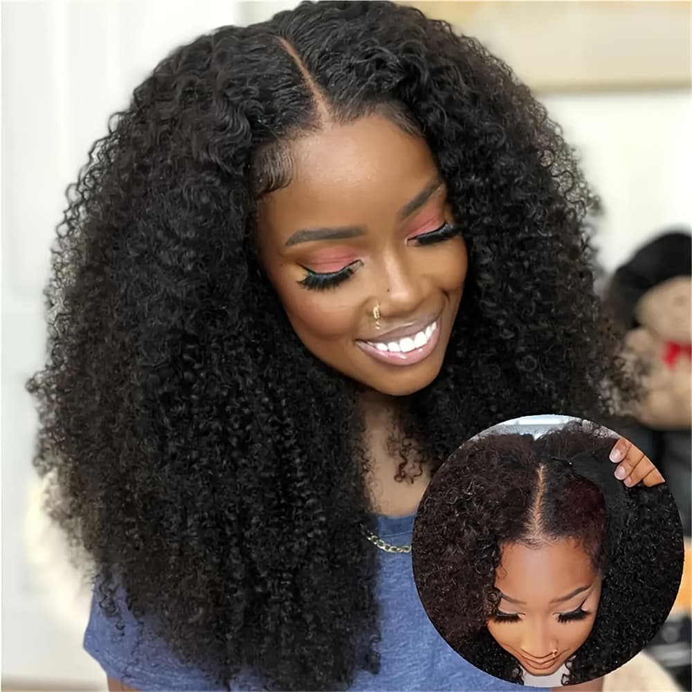 TEMU 16 Inch Afro V Part Wig Human Hair Upgrade V Part Wigs Human Hair Wigs For Human Hair Glueless V Shape Wigs Wigs No Leave Out 180% Density