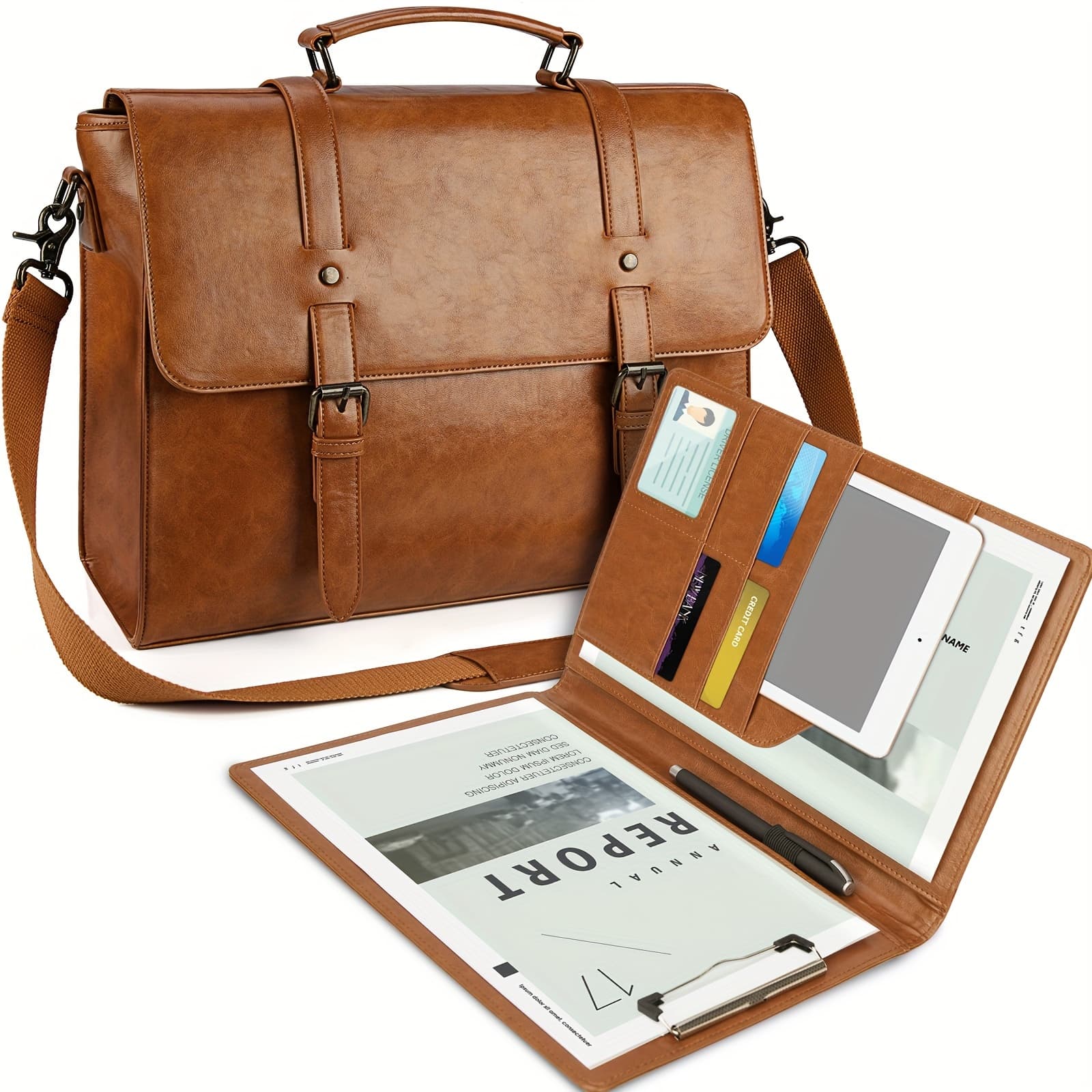 TEMU Rainsmore Men's Vintage Crossbody Bag For 15.6 Inch Laptops, Spacious Shoulder Bag For Office And College, Briefcase With Folder, Brown