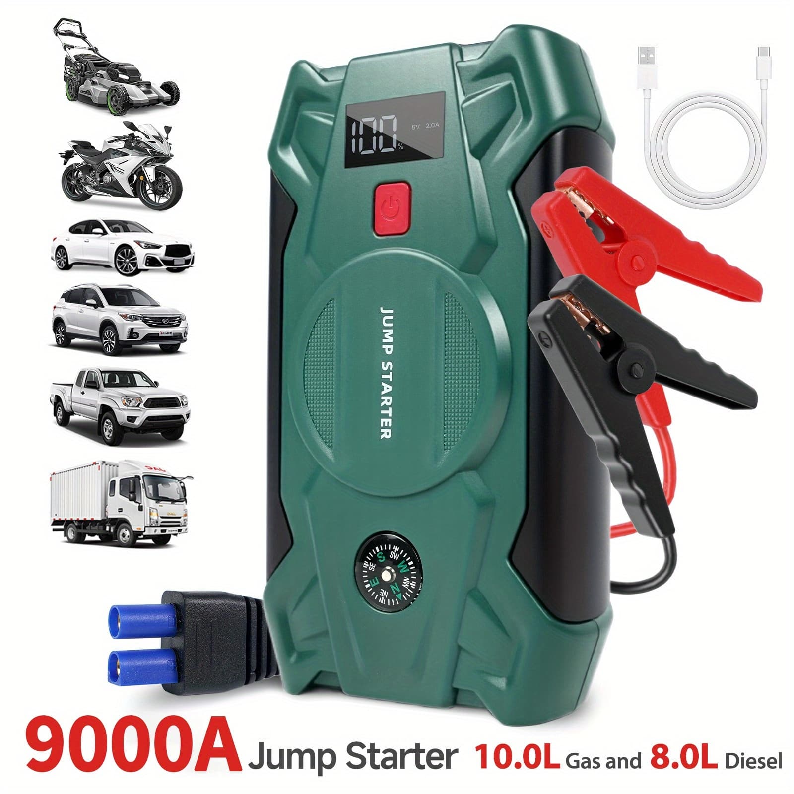 TEMU 9000a Automotive Emergency Supply, Suitable For 2.25-gallon Gasoline 85-gallon Engines, 12v Portable Battery Booster, With Power Bank/usb/ Dual Output/led Light