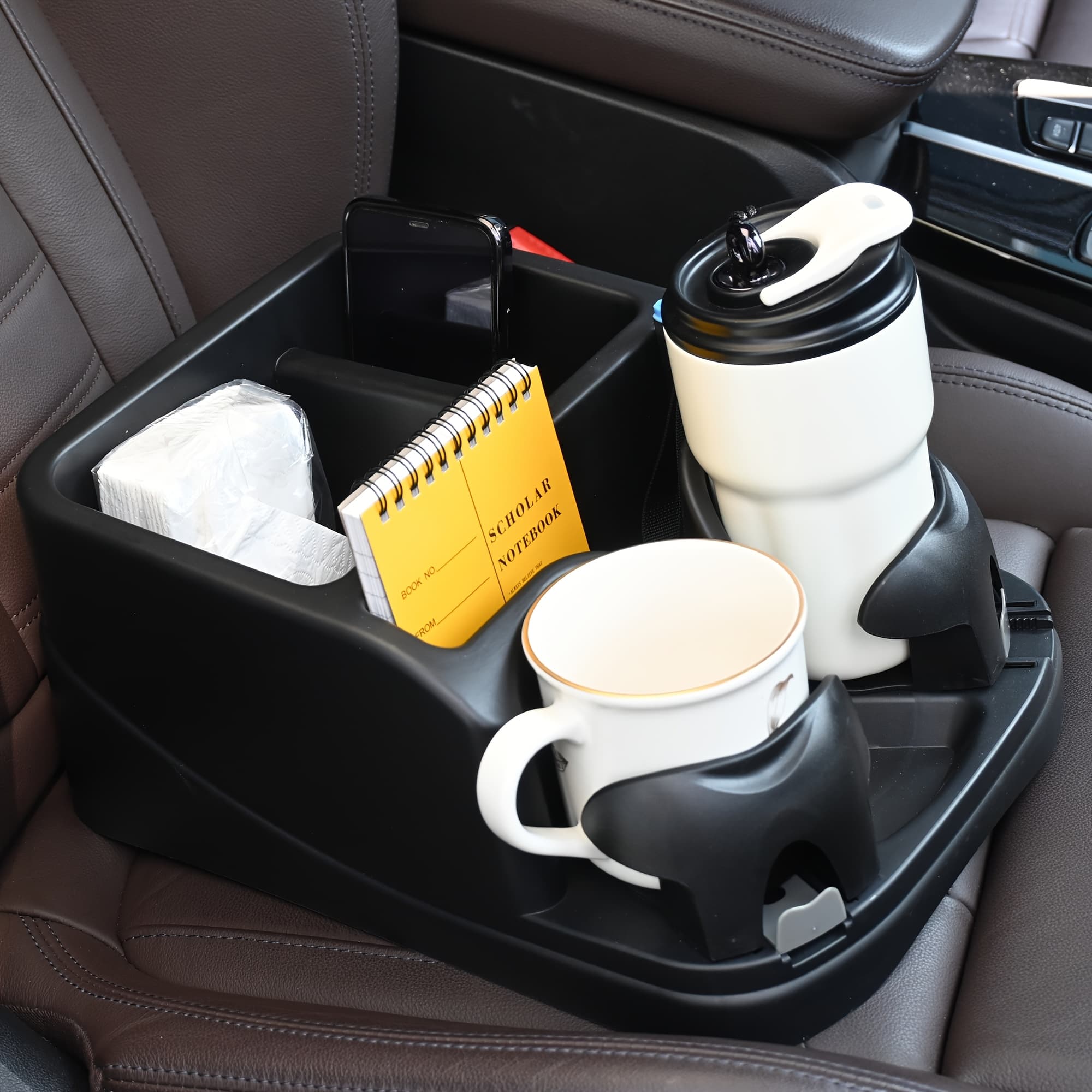 TEMU Center Console For Cars - Console Organizer With Adjustable Cup Holders, Storage Compartments For Ipad, Phone, Pens, And More | Fits Between Seats Or On Floor