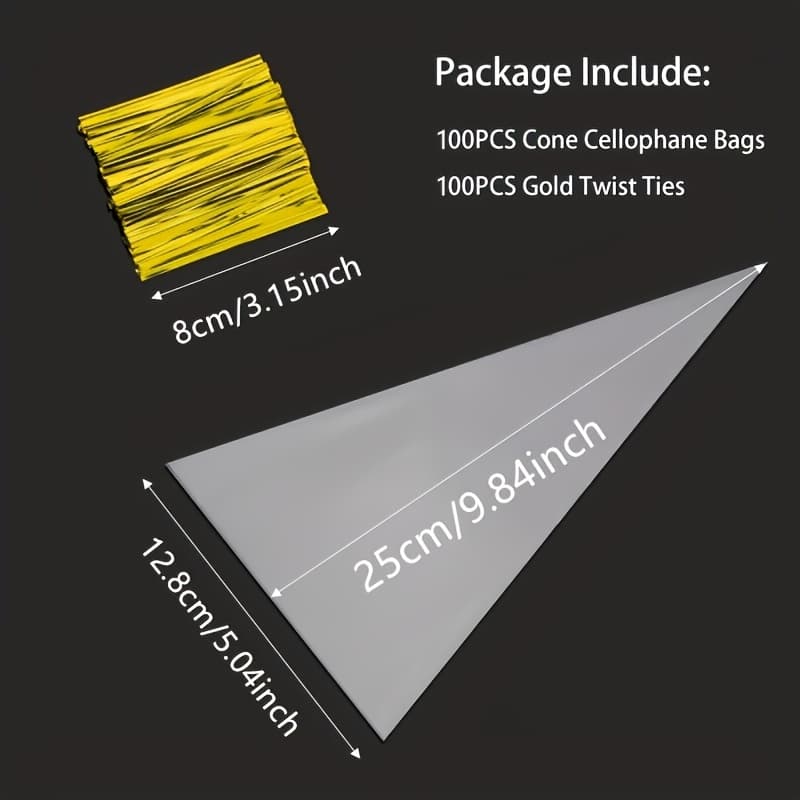 TEMU 1 Set Of 200pcs Transparent Cone Cellophane Gift Bags With Golden Twist Cable Ties - Perfect For Popcorn, Candy, And Small Business Packaging, Random Colors