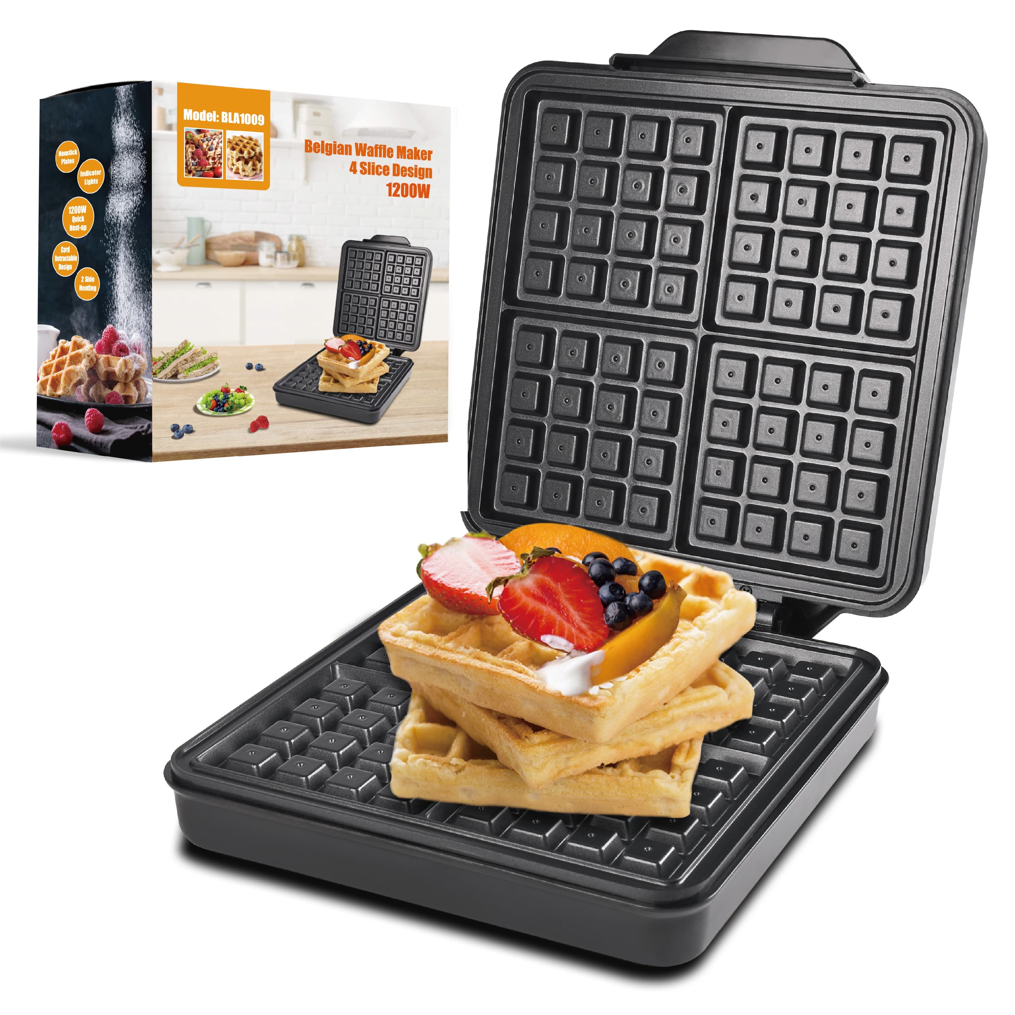 TEMU 4- Square Belgian & Classic Waffle Maker In 1set, 1200w With Nonstick Surface For Easy , Ready In 3 Minutes, For , Quick Breakfast, Nonslip Feet, Stainless Steel, Kitchen Accessories, Kitchen
