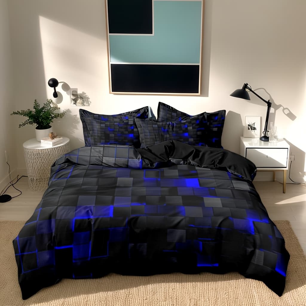 TEMU 3pcs Polyester 2d Flat Geometric Black + Blue Grid Print Duvet Cover Set, Suitable For Bedrooms And Guest Rooms. Soft And Comfortable Duvet Cover, Decor, Gift For . 1*duvet Cover +