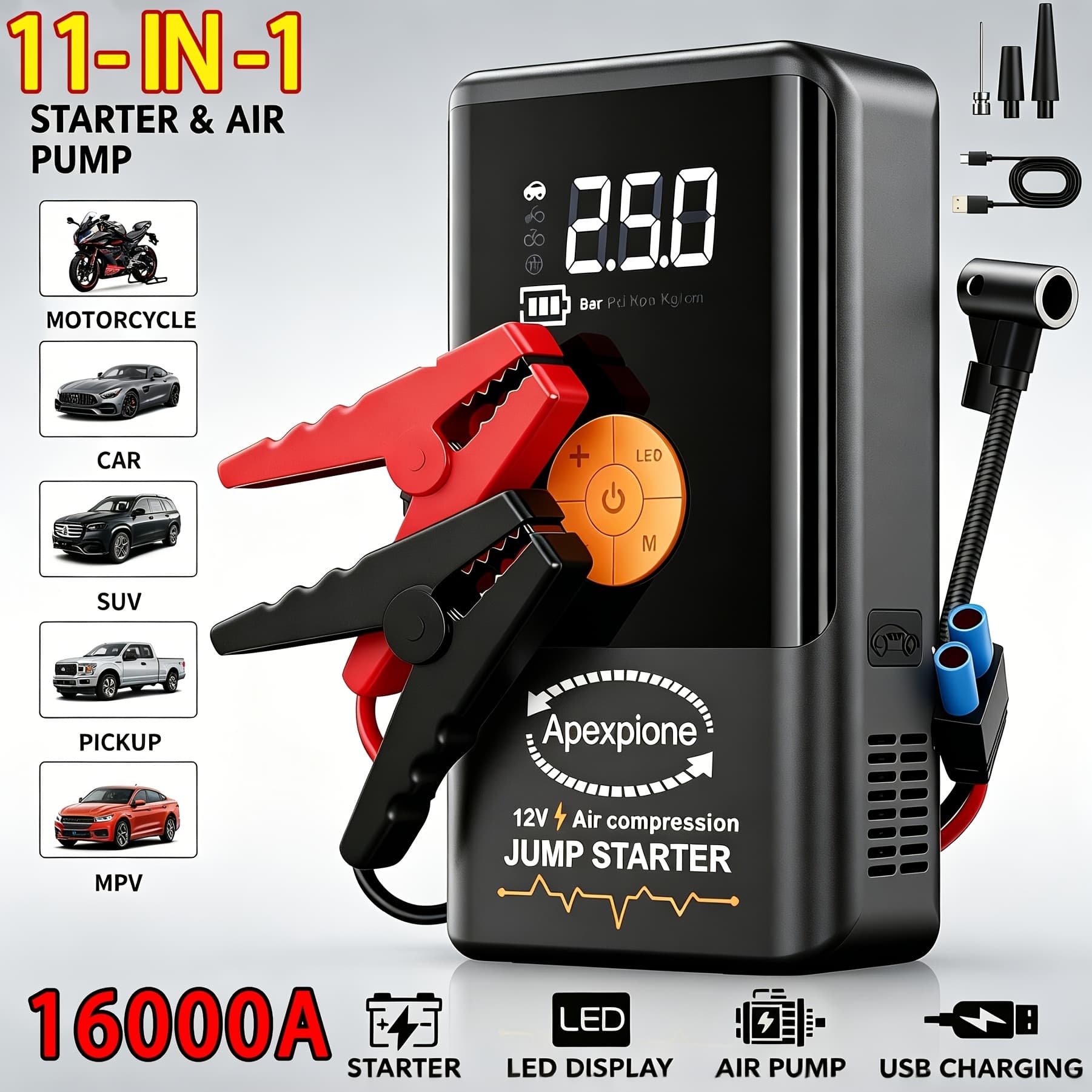 TEMU 16000a Portable Car Jump Starter With Air Compressor, 250psi Tire Inflator, 12v Portable Battery , Car Repair Tool With Emergency Start, Usb , Led Light & Lcd Digital Display, Essential For Car &