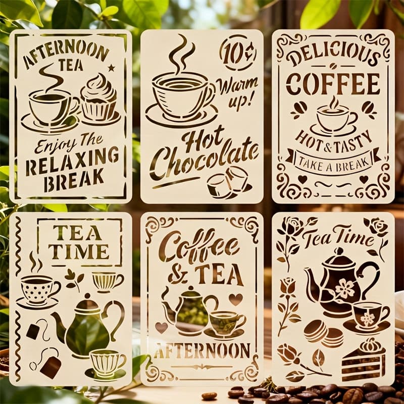 TEMU 6pcs Coffee Bar Craft Templates - Reusable & Easy-to-clean Polyethylene Terephthalate Stencils For Painting, Doodling, Wall Art, Home Decor, Scrapbooking