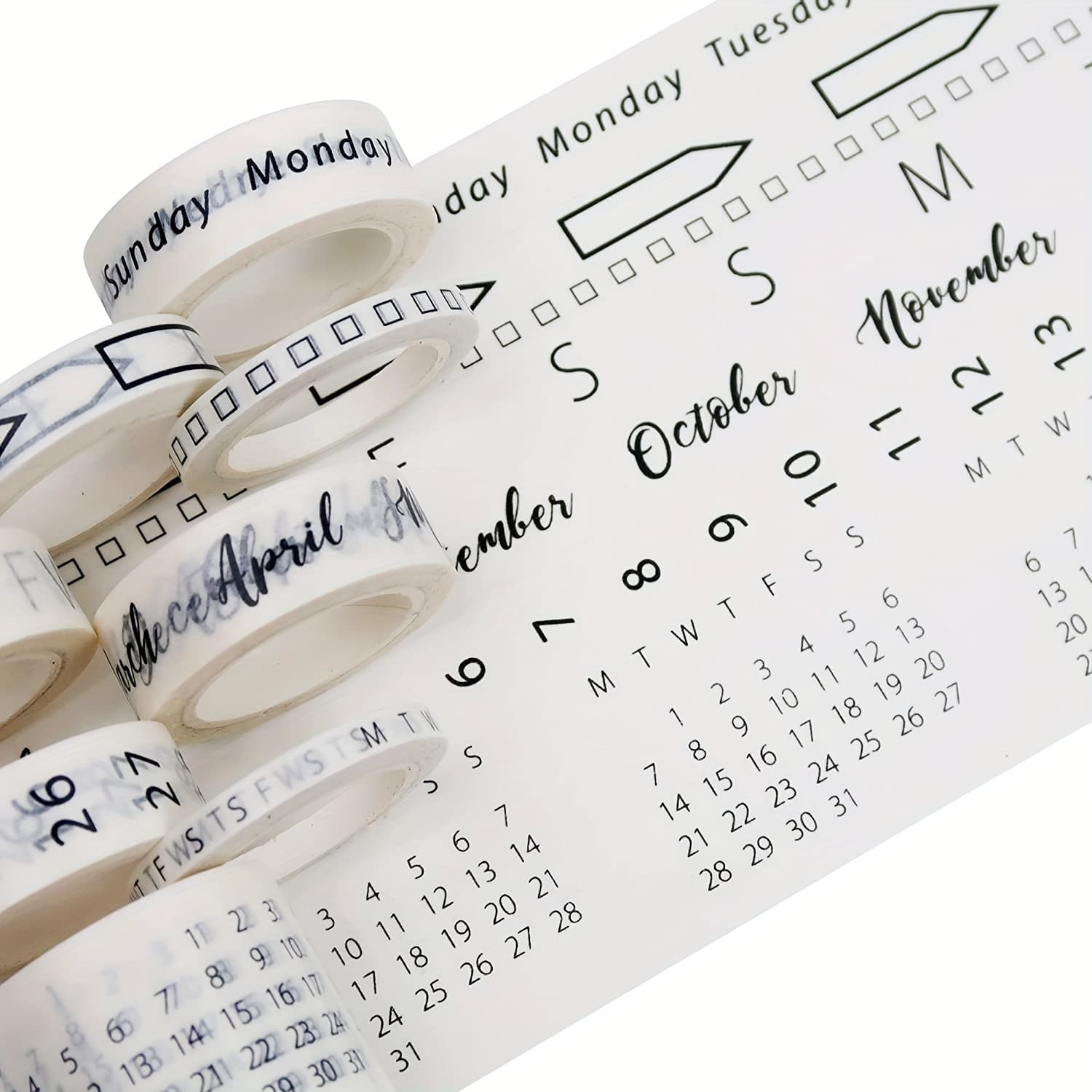 TEMU 8 Calendar Washi Tape Set Decorative Pattern Crafts Bullet Diary Planner
