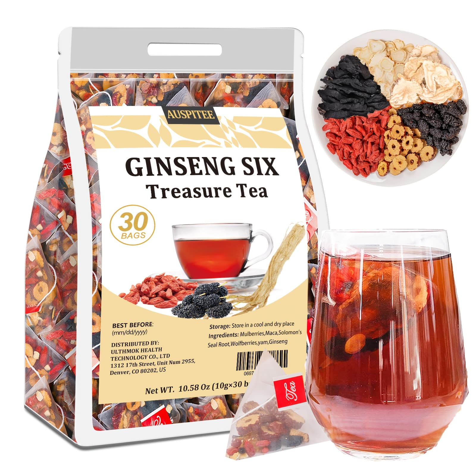 TEMU Ginseng 6 Treasures Tea, 10g X 30 Packs, Mulberry, Wolfberry, Polygonatum, Ginseng And Other Materials, No Other Additives, Gift, Afternoon Tea